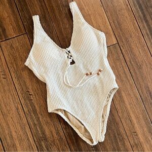 Shade Shore Cream Crochet One Piece Swimsuit Small Bathing Suit Lace Up White